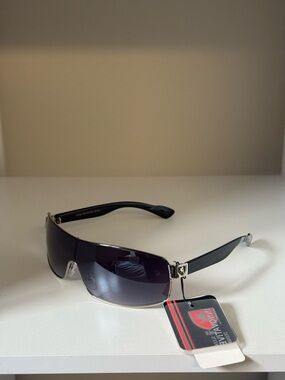 Men's Black Shield Sunglasses with Silver Trim